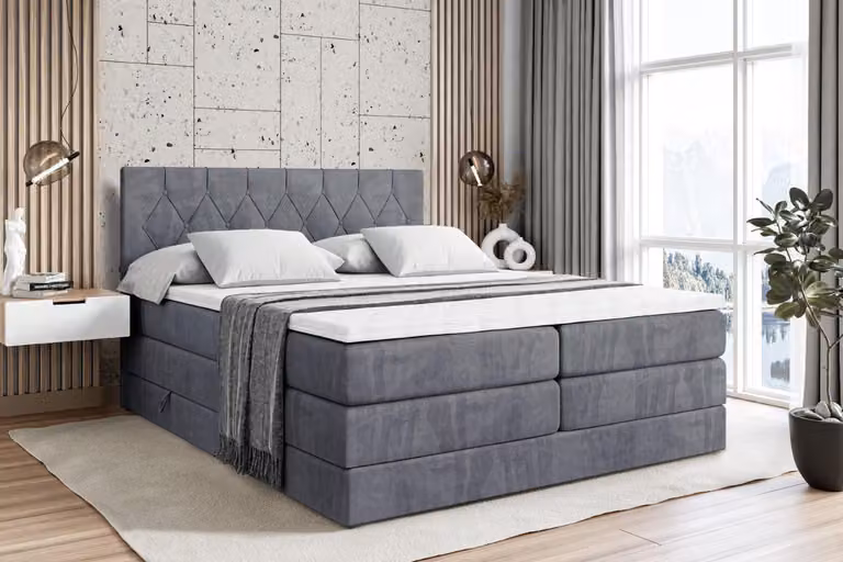 Letto boxspring ALTDECOR con 2 materassi e topper - 180x200 cm - VELANTO -BZ KING - Velluto grigio scuro - Letto imbottito con materassi H3 e H4, contenitore e rete a doghe, letto con spazio contenitivo
