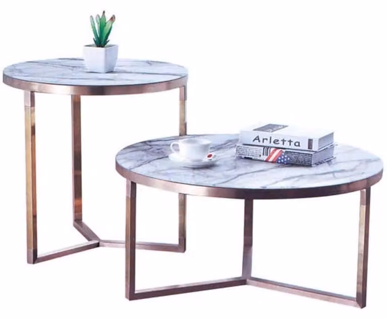 Designer Metall Couch Glas Tisch + Beistell Tische Sofa 2 tlg. Set Edelstahl