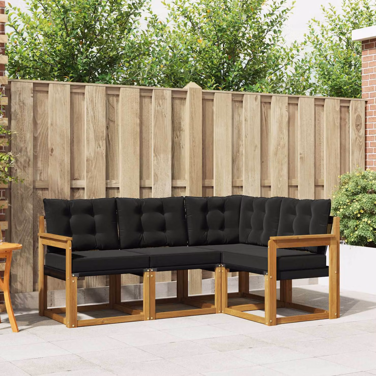 Set di divani da esterno vidaXL 4 pz a forma di L in legno di acacia e textilene, colore marrone e nero