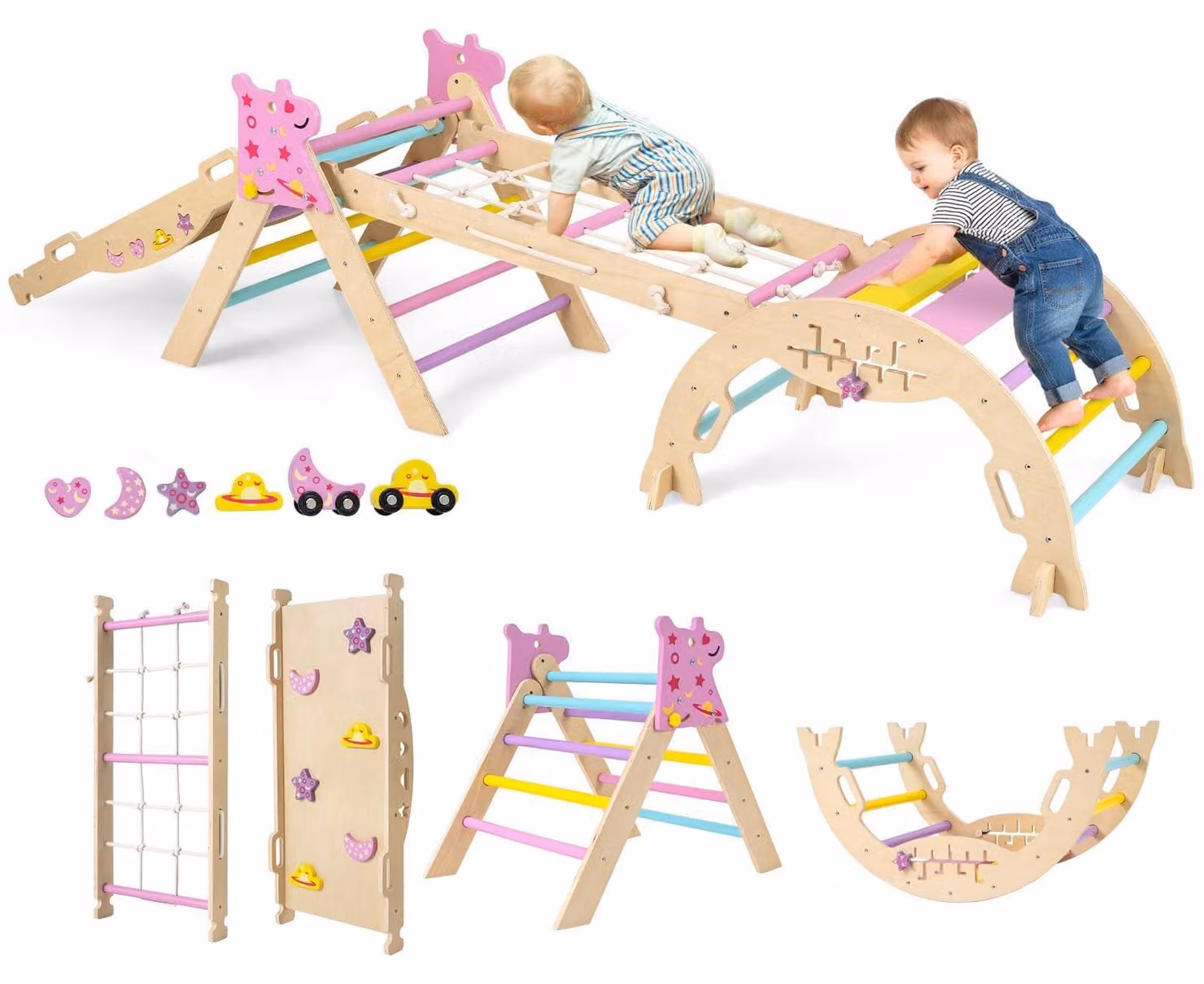 FANTASK, struttura da gioco indoor 7 in 1: triangolo da arrampicata con scivolo, arco da arrampicata, ecc