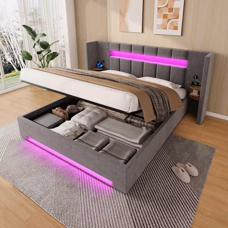 Letto imbottito multifunzionale AIORBER 180x200 cm in velluto, letto con contenitore e sistema idraulico, illuminazione a LED e porte USB, letto con comodini integrati, grigio scuro