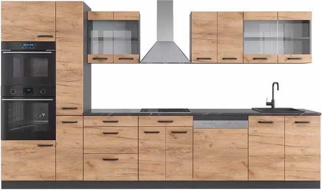 Cucina componibile moderna Vicco R-Line in rovere e antracite con armadio alto, larghezza: 350 cm