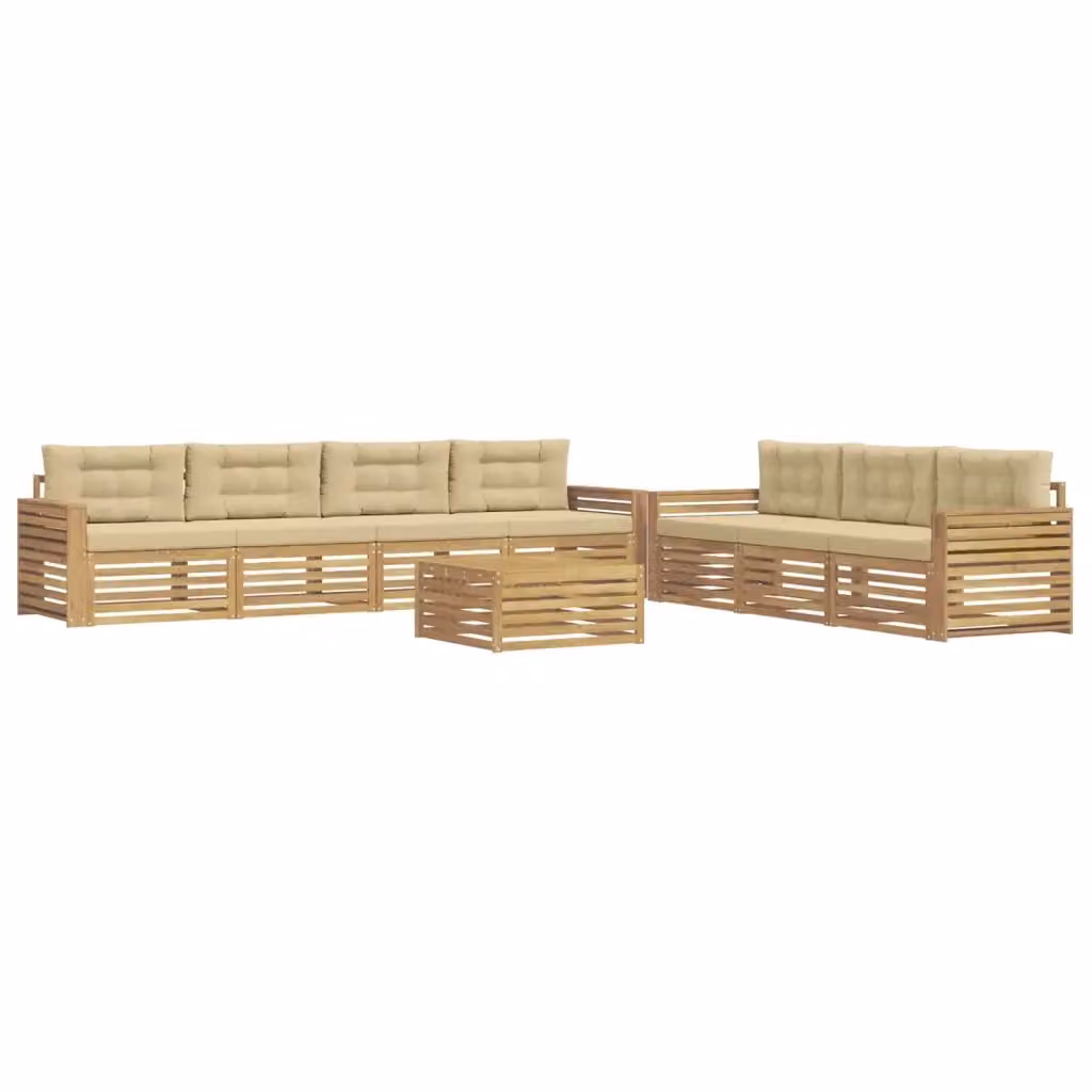 Set di divani da esterno vidaXL a forma di U con tavolo da caffè, in legno di acacia e tessuto bianco e beige – 2