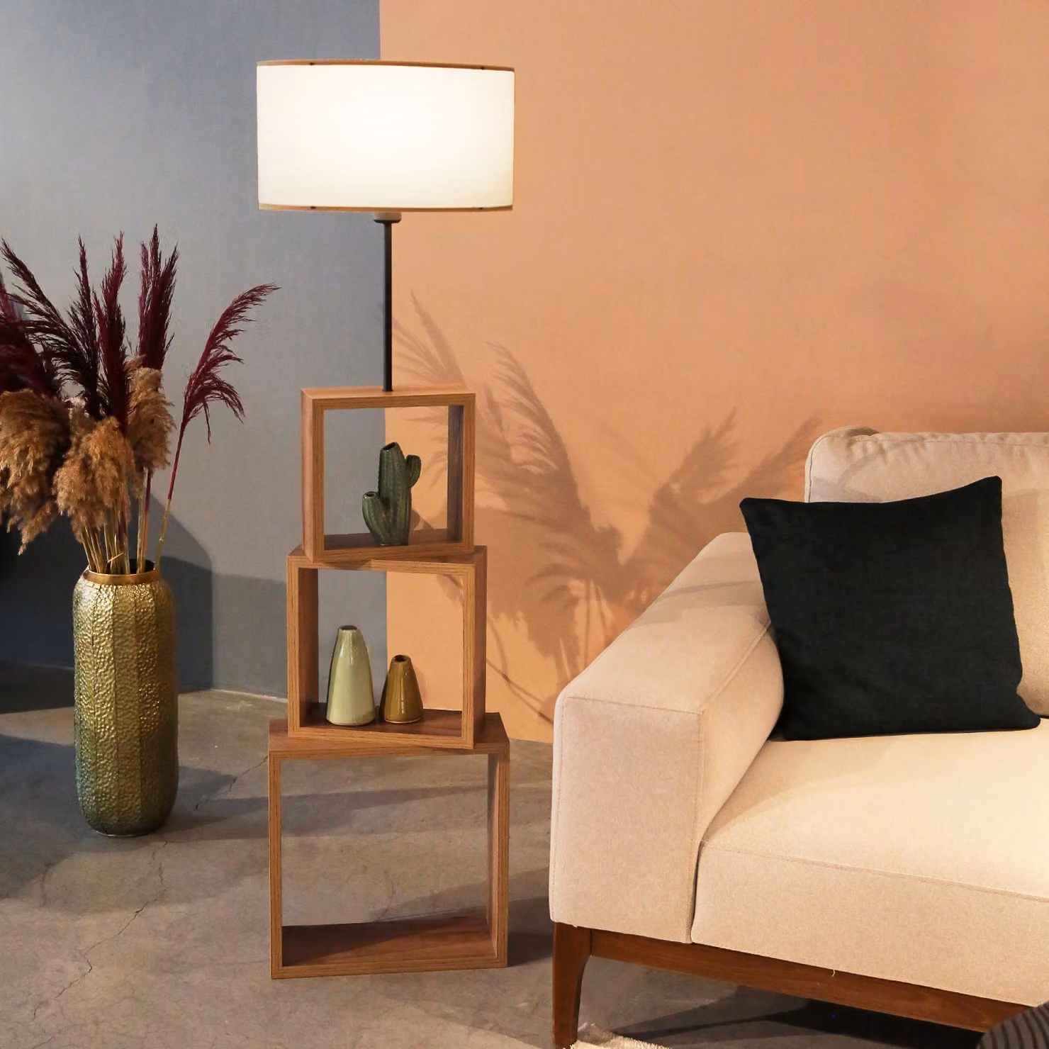 Opviq, AYD - 2903, Lampade da terra, Crema, Legno, 20 x 37 x 140 cm