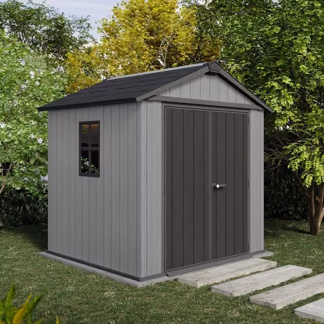 Casetta da Giardino Lucchettabile Oneonta con Finitura in Resina, Grigio e Nero, L: 230 cm, P: 224 cm, H: 246 cm