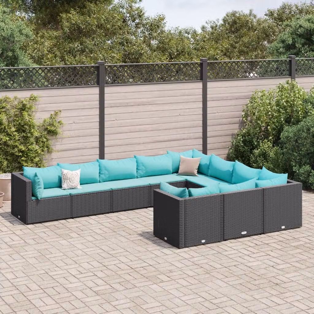 Set di divani da giardino a forma di U vidaXL in rattan con cuscini blu e turchese e struttura in metallo nero