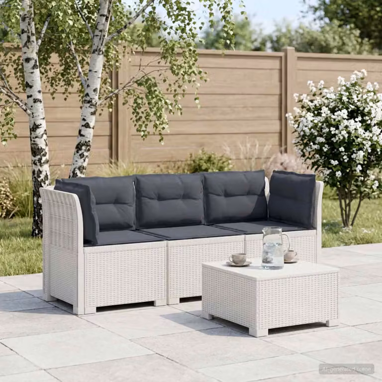 vidaXL Divano da giardino moderno a 3 posti con cuscini, design in look rattan e tessuto resistente ai raggi UV, Bianco e Grigio