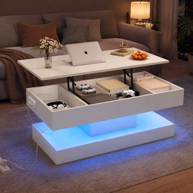 Tavolino da salotto ULEVR 100x50x42 cm con piano sollevabile, LED Bluetooth, prese UE e vano nascosto bianco