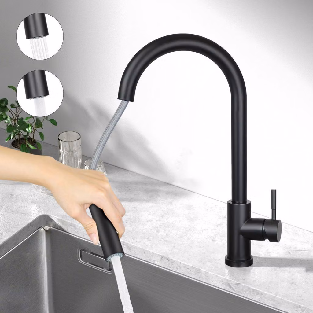 ZMH Miscelatore per cucina nero Miscelatore estraibile per lavello con doccia Rubinetto miscelatore lavello girevole a 360° in acciaio inox con 2 modalità di spruzzo Rubinetto a bassa pressione