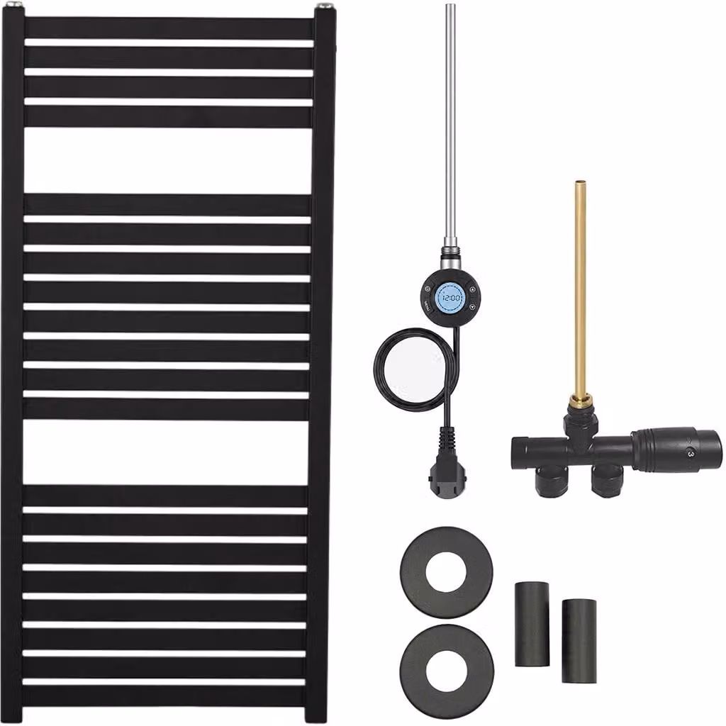 Kit radiatore per bagno Vincenzo - riscaldamento combinato, antenna Wi-Fi - collegamento laterale a un punto - 300W - nero opaco - 970x450 mm