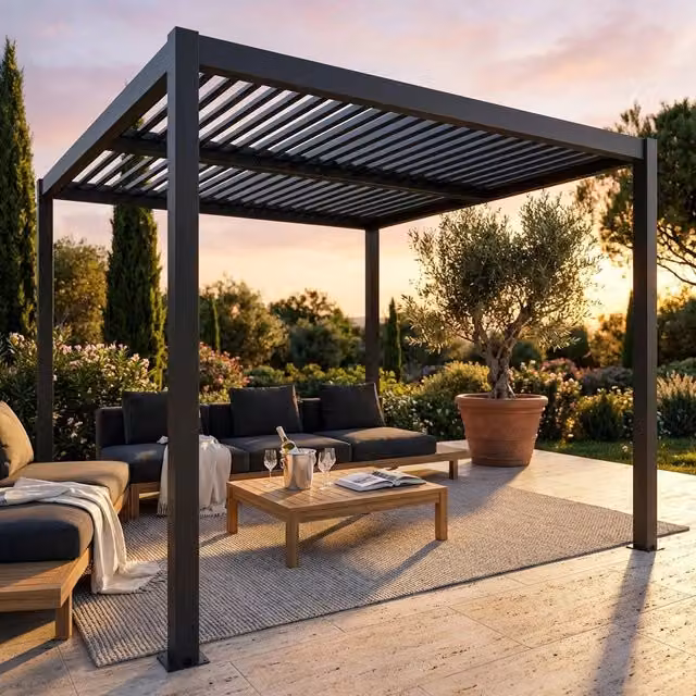 Pergola bioclimatica in alluminio Bob Gardens TONY colore antracite con dettagli in legno e design moderno