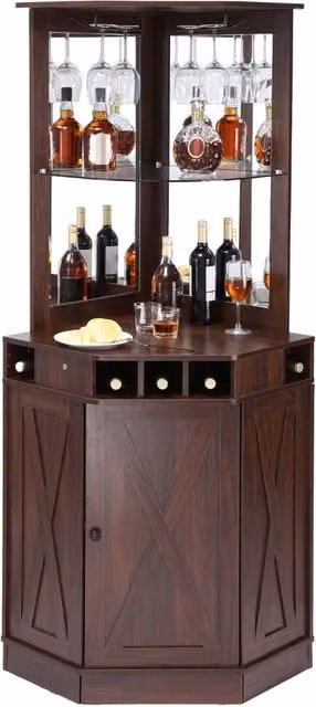 Mobile Bar Industriale ad Angolo in Legno MDF Credenza Porta Vino e Bicchieri per Soggiorno e Casa Noce Nera