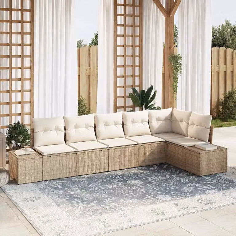 vidaXL Set Divano da Giardino a L in Polyrattan Beige con Cuscini per 6 Persone