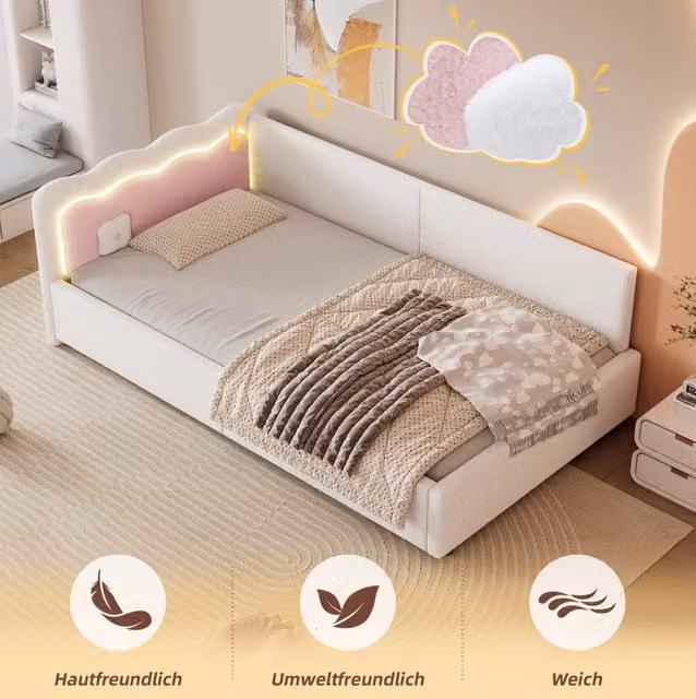 Letto da giorno 90x200 cm bianco MDF e tessuto, LED e rete a doghe, senza materasso