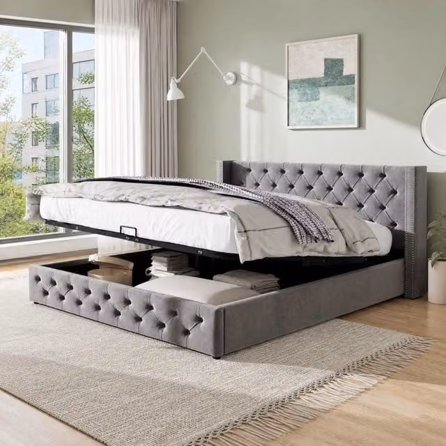 Letto contenitore Mivray con sollevamento idraulico, testiera imbottita e rete a doghe in velluto grigio, L/P: 160 x 200 cm