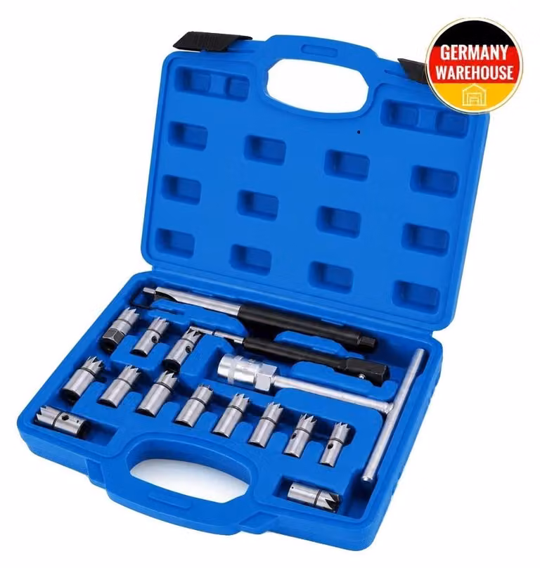Kit per la lavorazione dei sedi degli iniettori diesel, set di 17 utensili, Acciaio al carbonio, colore blu