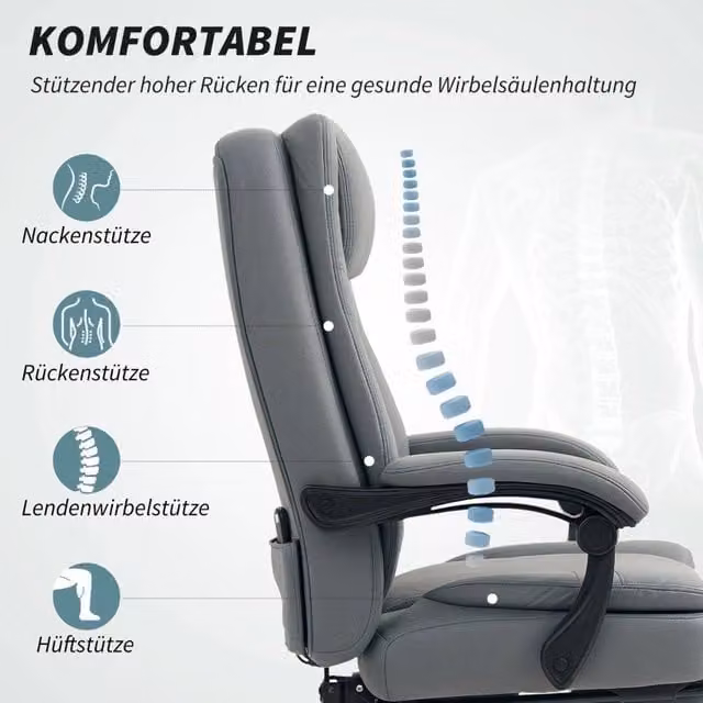 Sedia da ufficio executive REDOM con massaggio e funzione reclinabile in microfibra grigia L/P/H: 64 x 69 x 112-120 cm