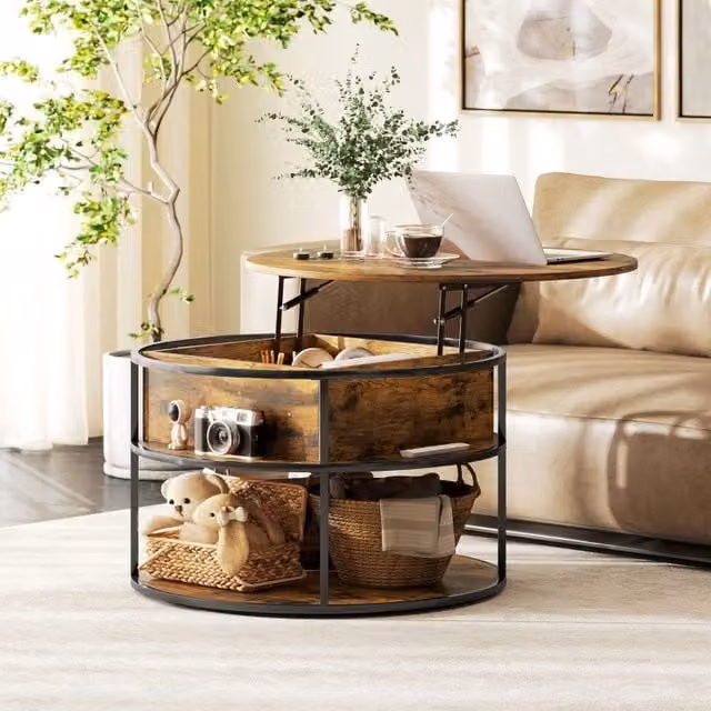 Tavolino basso alzabile rotondo con vano nascosto e ripiano aperto in legno marrone Ø 80 cm altezza 47–61.5 cm