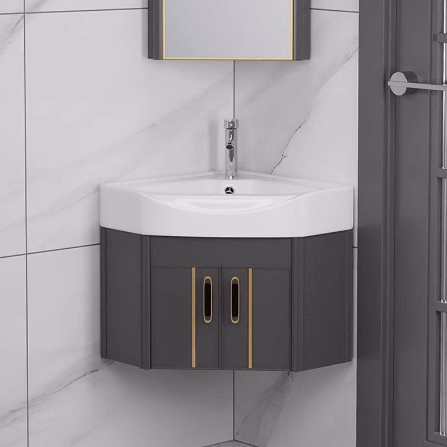 Lavabo da parete in Vetroceramica con mobile sottolavabo e rubinetteria, dimensioni 48x53x43 cm, ideale per bagni di servizio