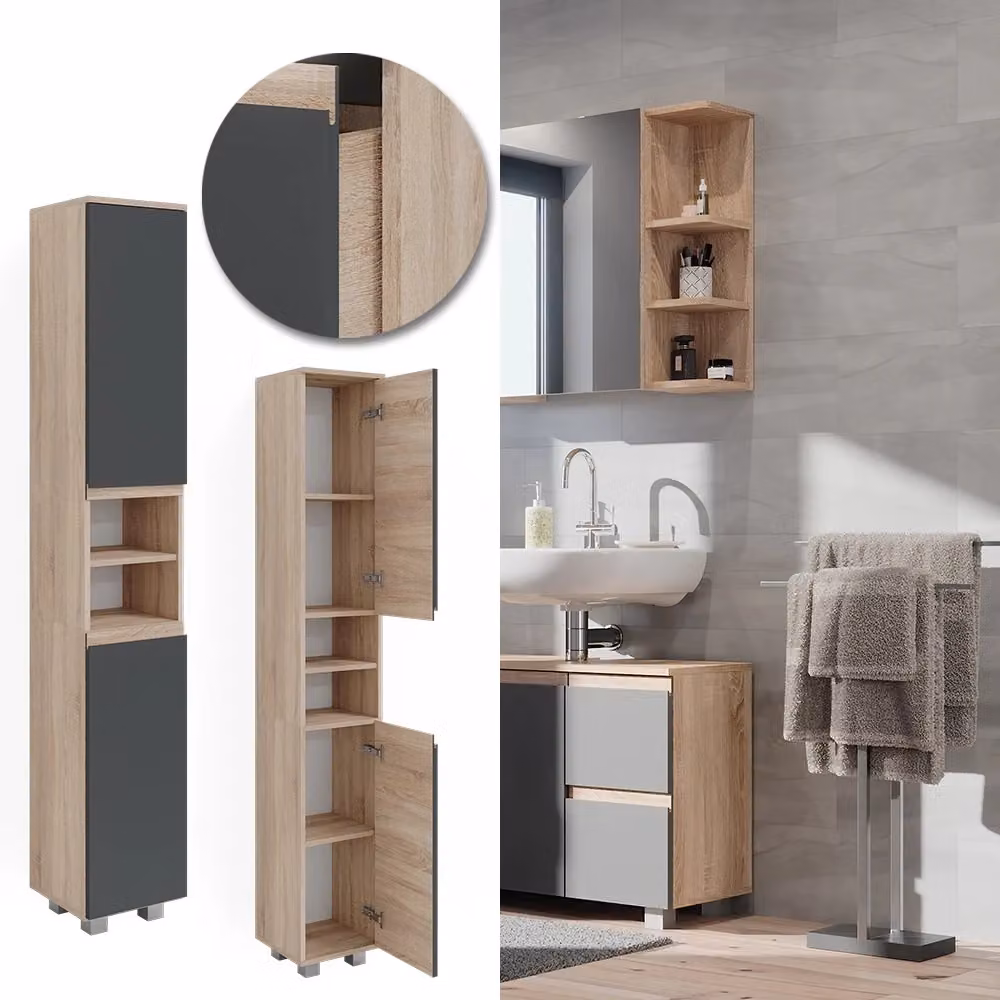 Mobile bagno alto Vicco J-Shape color beige con ante a battente e ripiani interni L: 30 cm, H: 190 cm – 2