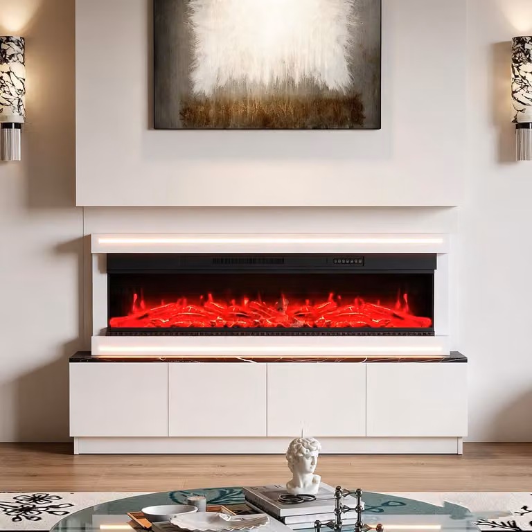 INONEFT Caminetto elettrico da 50" con effetto fuoco 3D LED realistico – Caminetto elettrico da parete con riscaldamento e effetto camino, controllo tramite app, effetto crepitio e timer, colore bianco