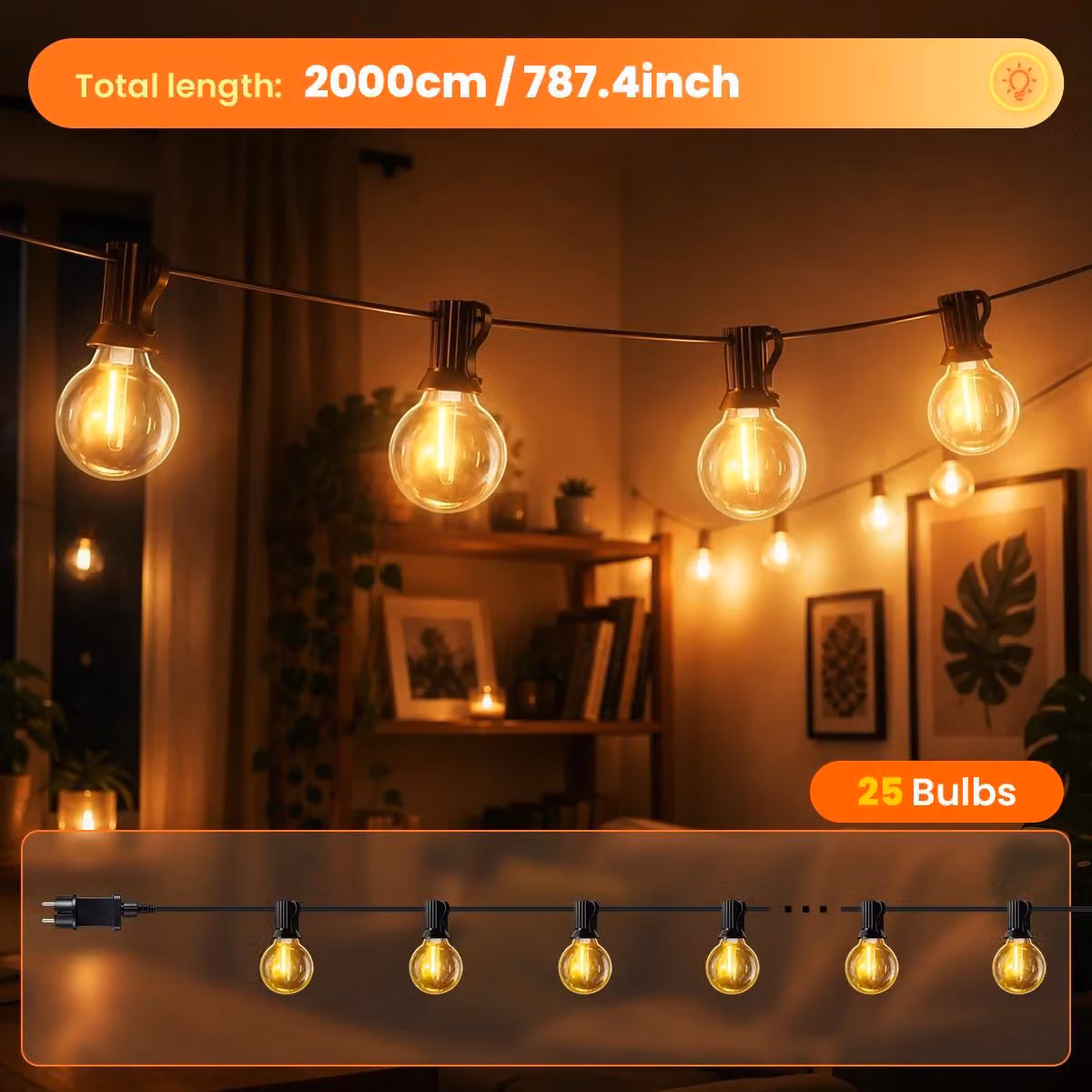 Catena luminosa LED a forma di globo vintage G40 - Illuminazione per esterni - 20 metri - 25 luci - 8 modalità di illuminazione - Resistente agli schizzi (IP44) - Spina EU a 24V - Luce calda