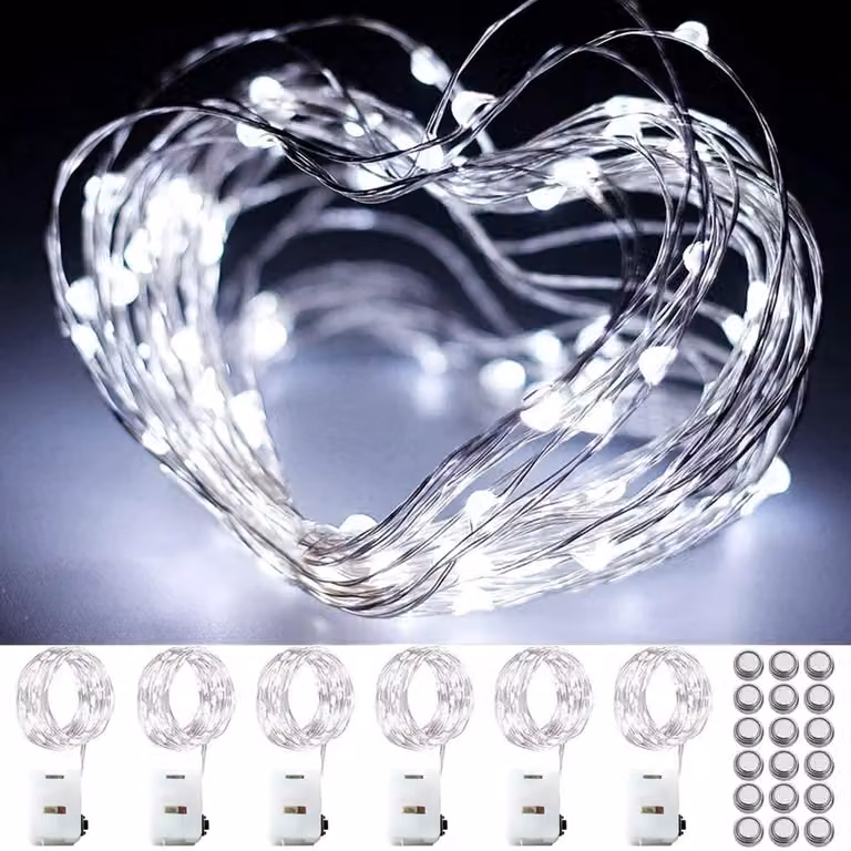 Catena luminosa a LED, 3 metri, 30 LED, luce bianca fredda, confezione da 6, alimentazione a batteria