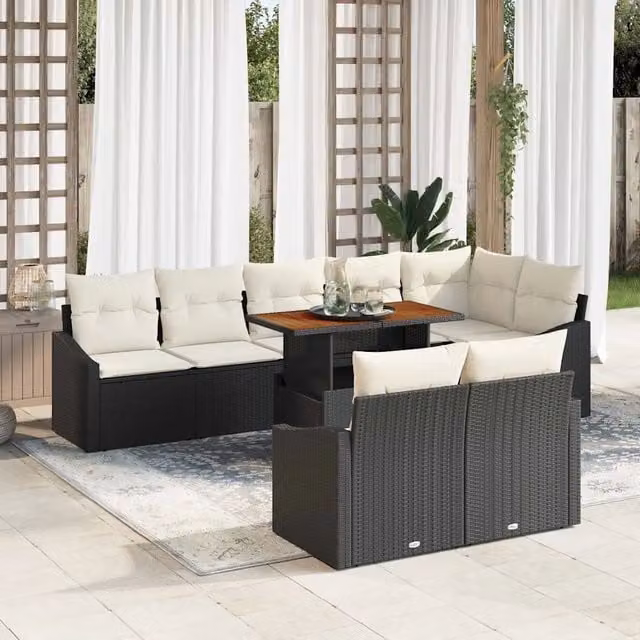 Set Divano da Giardino a Forma di U vidaXL in Polyrattan con Tavolino e Cuscini, Nero e Beige – 1