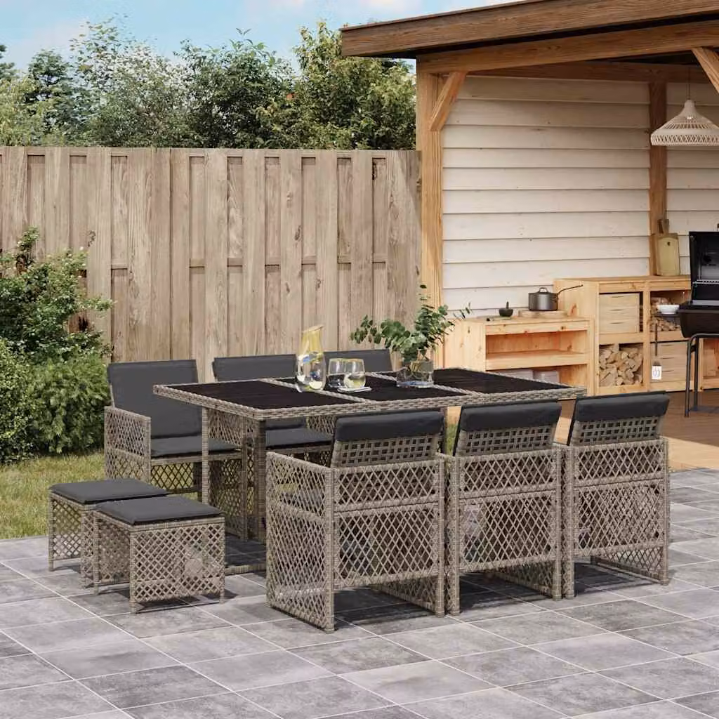 vidaXL Set da Pranzo da Giardino 11pz in Polyrattan Grigio con Piano in Vetro – 1