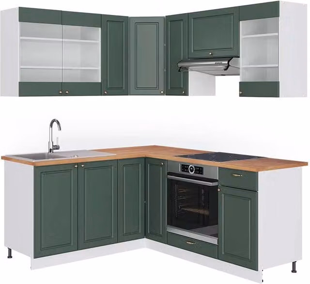 Cucina angolare completa Fame-Line Verde-oro rustico/Bianco 190 x 160 cm, PL Rovere Vicco