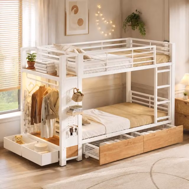 Letto a castello 90 × 200 cm con 2 cassetti, LED e appendiabiti, senza materasso, in MDF e metallo, bianco