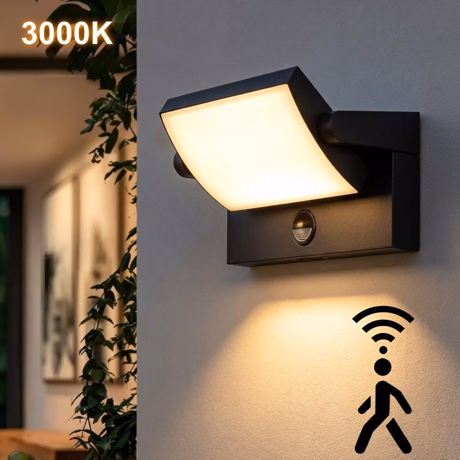 Lampada da parete LED per esterni, colore nero, con sensore di movimento, 18W, rotazione a 340°, grado di protezione IP65 (resistente all'acqua), luce calda (3000K), realizzata in alluminio, ideale per porte d'ingresso, garage, giardini