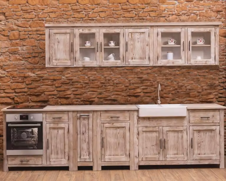 Casa Padrino cucina componibile in stile country colori naturali 387 x 65 x h. 90 cm - Mobile cucina in legno massello - Mobili sala da pranzo in stile country - Cucine componibili in legno massello in stile country