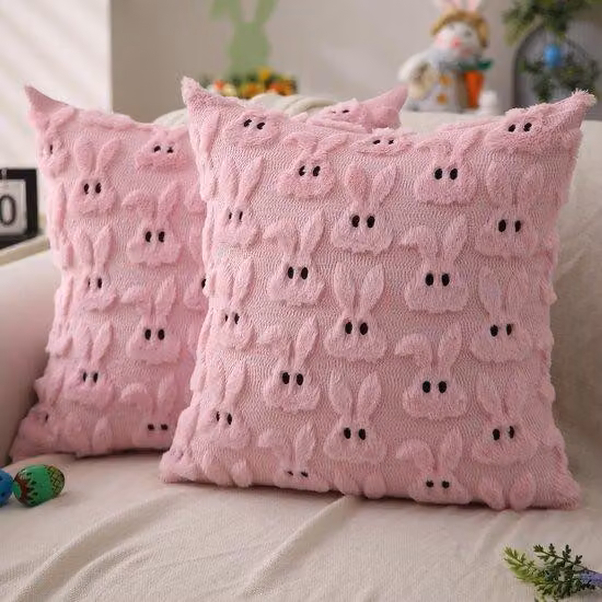 Cuscino di peluche bianco, formato 45 x 45 cm, decorato con orecchie bianche e un coniglietto bianco, ideale per la camera da letto, il divano, le decorazioni festive e i coniglietti rosa.