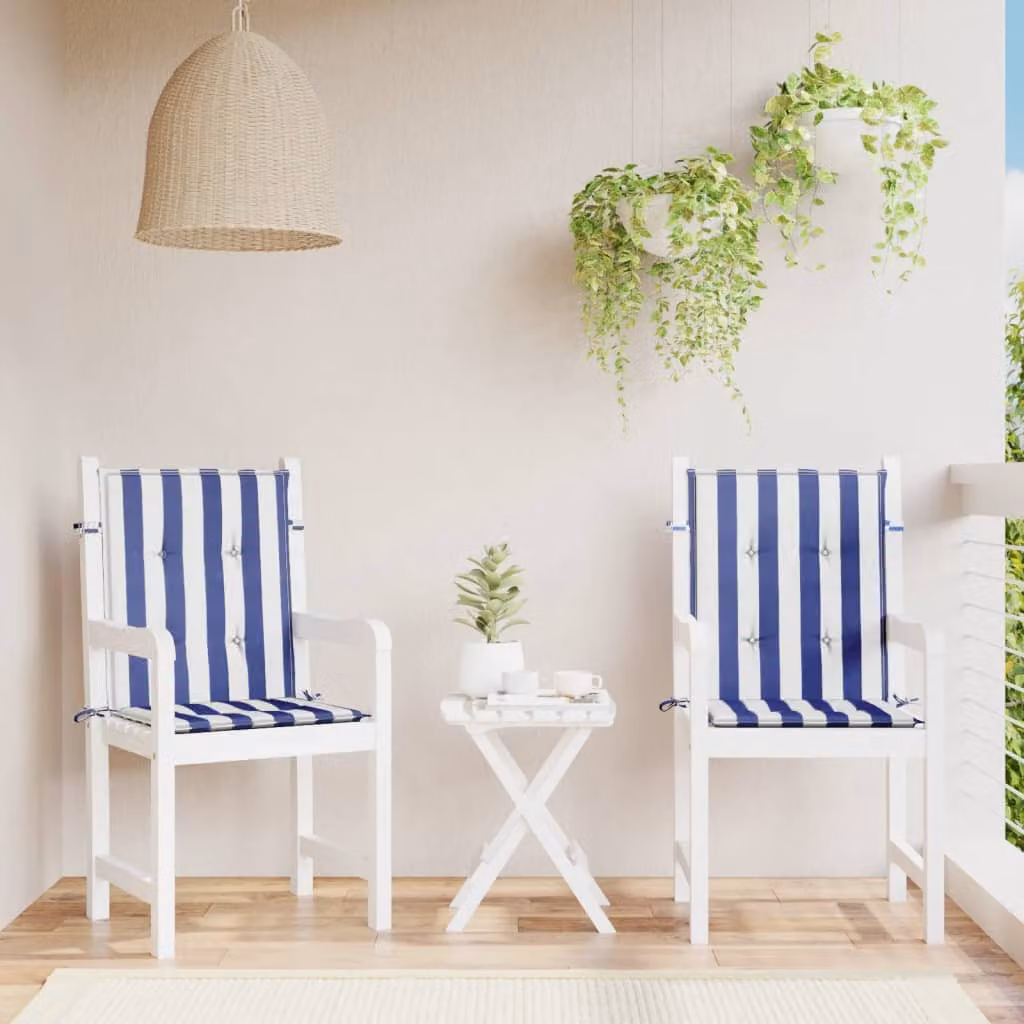 Set di 2 cuscini per sedie vidaXL con schienale basso, design a strisce bianche e blu, tessuto in poliestere resistente all'acqua e ai raggi UV