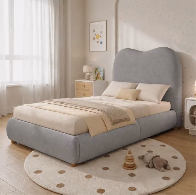 Letto imbottito per bambini con contenitore ad apertura idraulica; rete a doghe; per materasso 90 x 200 cm; lino grigio