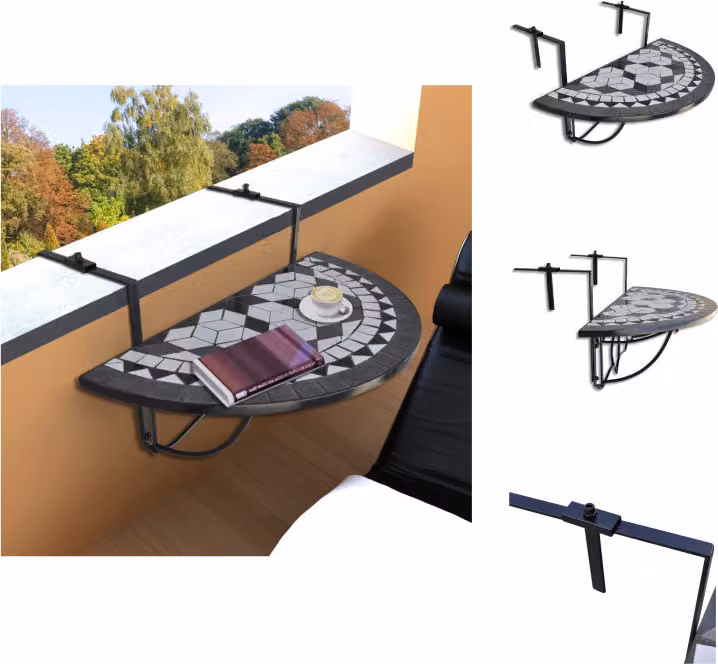vidaXL Tavolino da balcone sospeso Mosaico bianco e nero - Tavoli da giardino