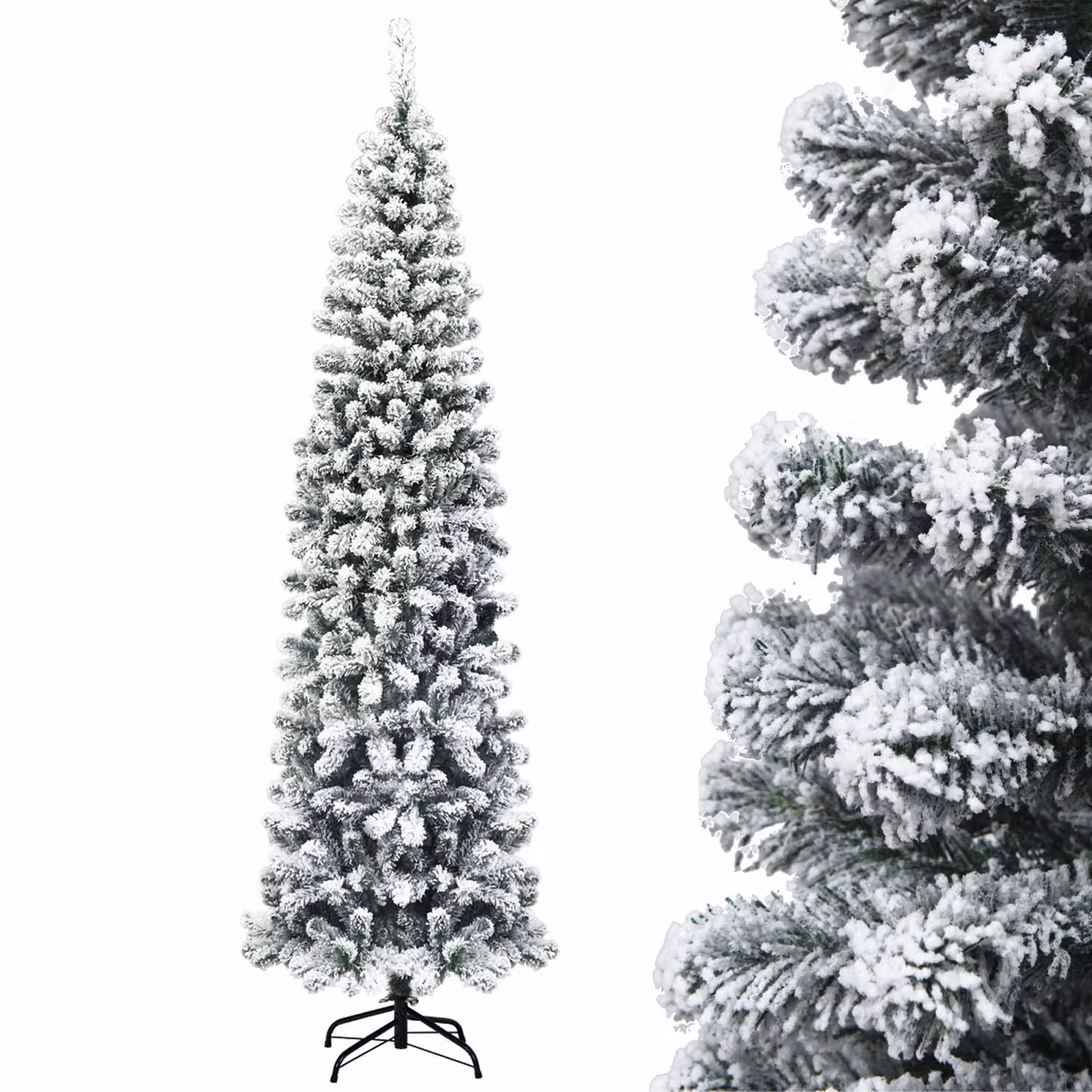 COSTWAY albero di Natale a matita 225cm, albero di Natale artificiale 641 aghi in PVC con neve, albero di Natale con supporto in metallo, albero di Natale artificiale