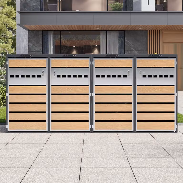 Flieks - Box per bidoni della spazzatura, rivestimento per bidoni della spazzatura (2 posti), armadio per bidoni da 4 pezzi da 120–240 L, box per bidoni della spazzatura con coperchio ribaltabile, 264x80x118,5 cm, grigio