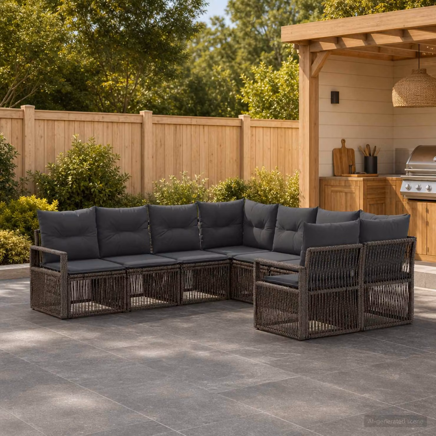 Set Divano da Giardino vidaXL a forma a U con 8 posti, colore Grigio, in Polyrattan e Metallo con Cuscini inclusi