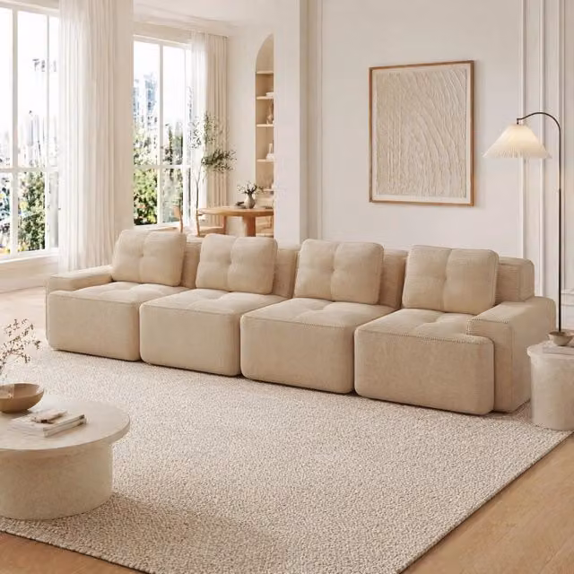 Divano modulare a L MIVRAY in velluto a coste beige con seduta in schiuma per soggiorno