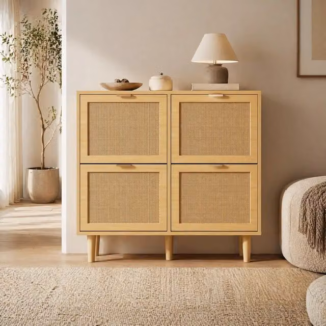 Scarpiera moderna per ingresso con 4 ante ribaltabili in effetto rovere e rattan beige L/P/H: 100 x 25 x 90 cm
