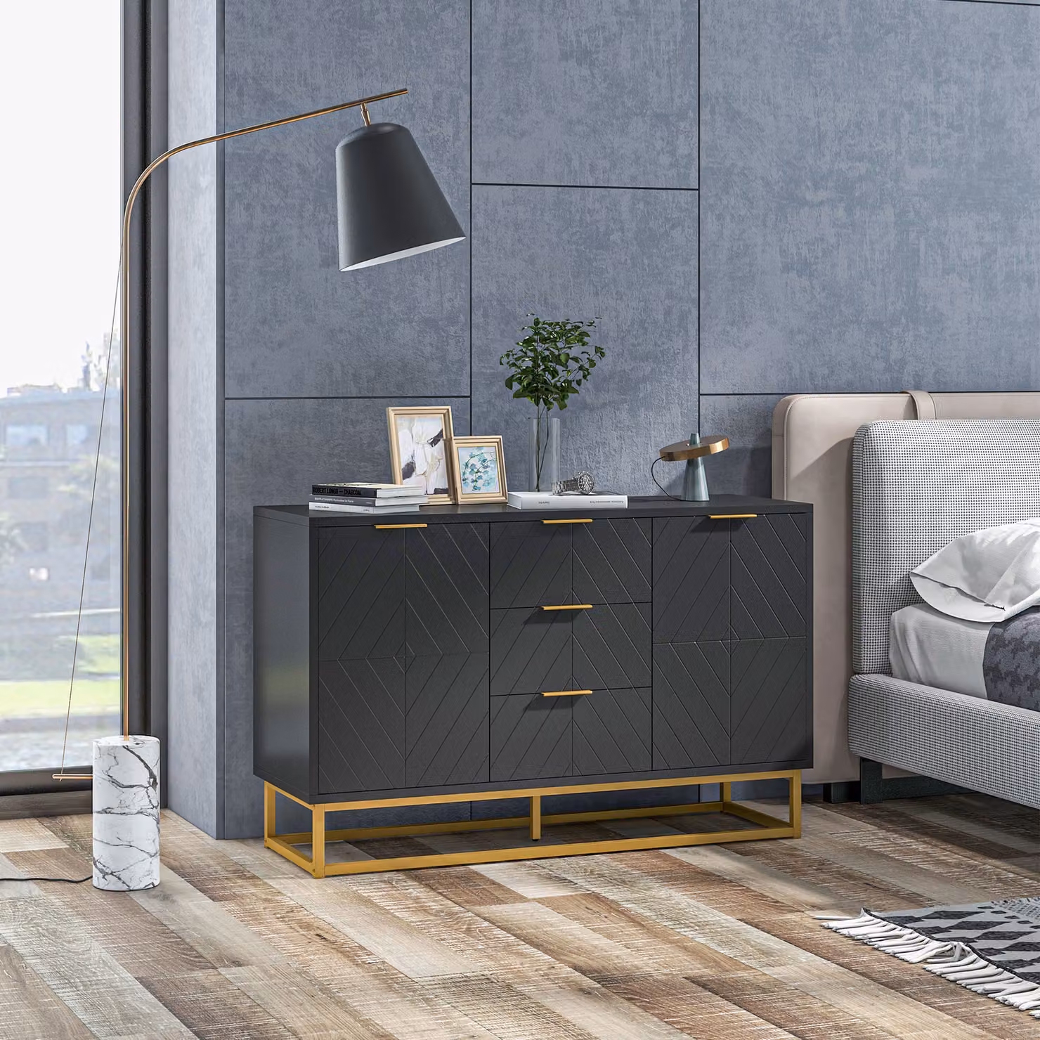 Buffet HOMCOM design contemporaneo geometrico con 2 armadi a ripiani regolabili e 3 cassetti scorrevoli in legno nero e metallo dorato – 2