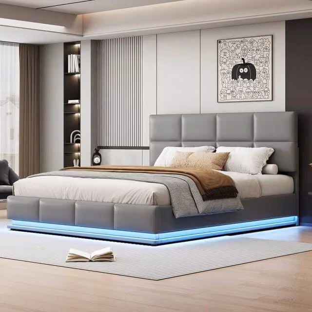 Letto contenitore imbottito con led e rete a doghe ¨C Minimal ¨C grigio chiaro similpelle 180x200 cm