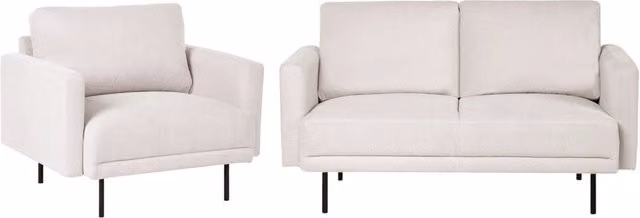 Set soggiorno divano 3 posti e poltrona con gambe in tessuto beige chiaro stile moderno e minimalista