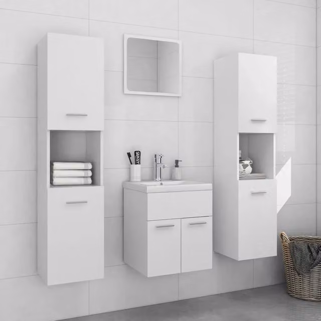Set Mobili da Bagno Moderno vidaXL Bianco con Mobile Lavabo, Armadietto Alto e Armadietto con Specchio in Legno e Plastica