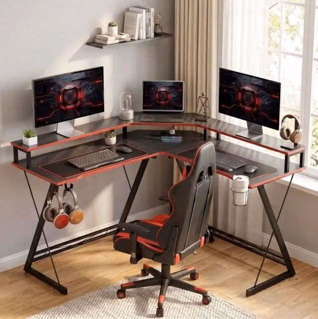 Scrivania angolare ULEVR 128x128 cm con rialzo per 2 monitor, 2 prese e 2 USB, nera