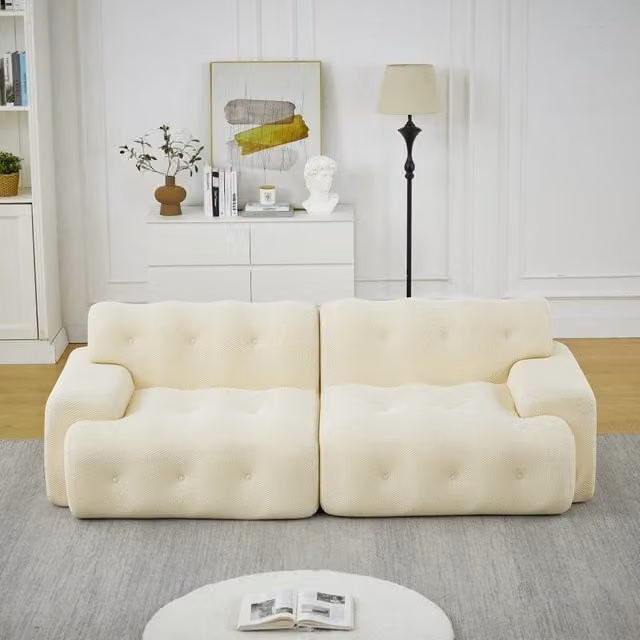 Divano a 2 posti in tessuto traspirante con braccioli larghi e supporto ergonomico beige 224 × 104 × 66 cm