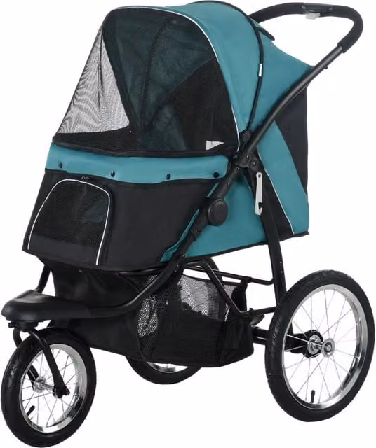 Carrello per cani e gatti pieghevole, fino a 20 kg, ruote in gomma fuoristrada, cuscino, finestre a rete, porte, cesto portaoggetti, verde scuro