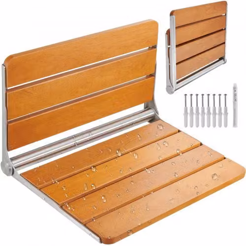 Sedile per doccia pieghevole VEVOR in teak marrone, panca da parete salva spazio con capacità di carico 226,8 kg, L: 53 cm, P: 48 cm, H: 40,6 cm